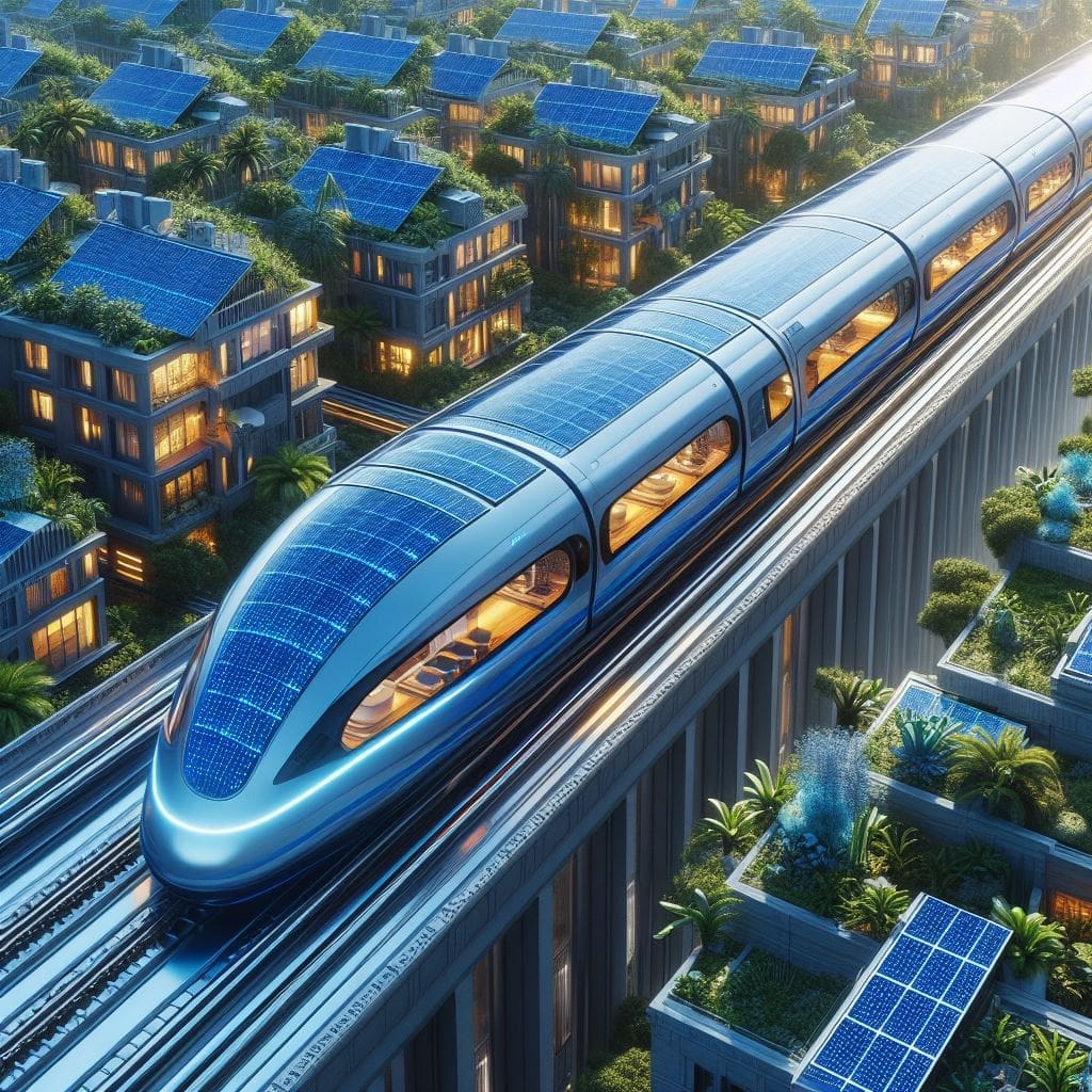 Ein Hochgeschwindigkeitszug der Magnetschwebebahn durchquert einen Vorort mit solarverkleideten Häusern