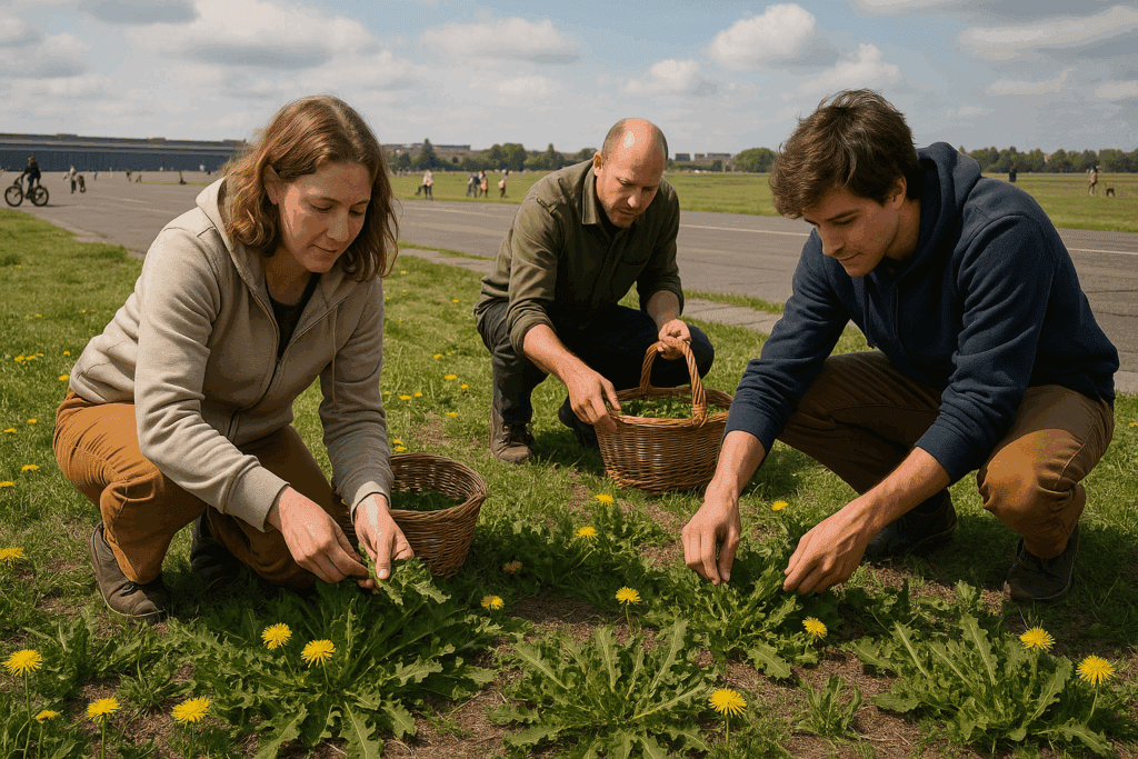 Drei Personen pflücken Löwenzahn auf dem ehemaligen Flugfeld Tempelhof in Berlin - jetzt zum öffentlichen Park geworden.